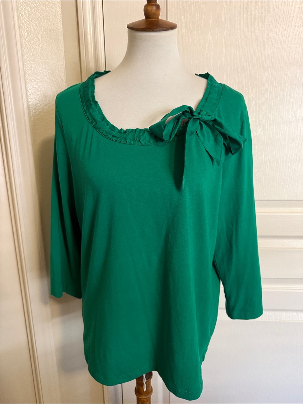 Liz Claiborne New York Green Stretch Top w/ Drawstring Satin Bow-Accent Sz XL
